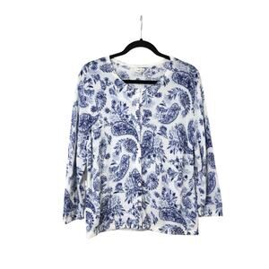 Garnet Hill Signature Eco Blue Paisley Merino Wool Cardigan Sweater L/XL Church